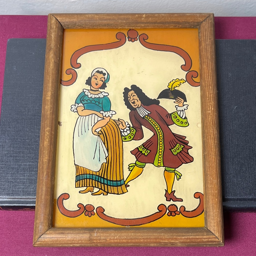 Vintage Reverse Hand Painted Rare German Folk Art Courting Scene Couple Framed‎